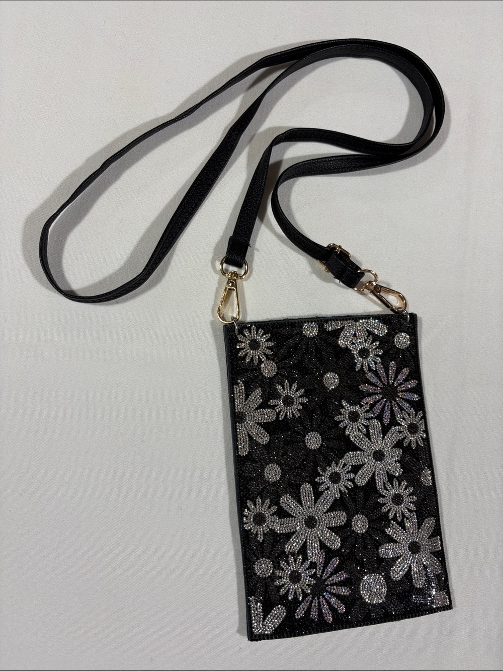 Black Floral Crystal Crossbody Leather Pouch 5” x 7”  New! - Picture 3 of 12